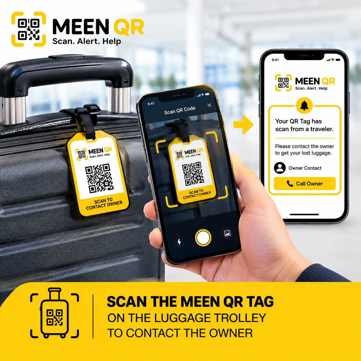 A MEEN QR tag on a suitcase being scanned with a phone, which then shows a Call Owner button