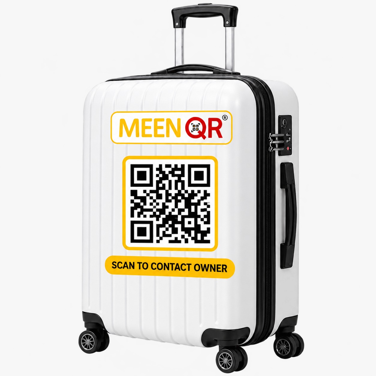 White suitcase with a MEEN QR sticker reading Scan to contact owner